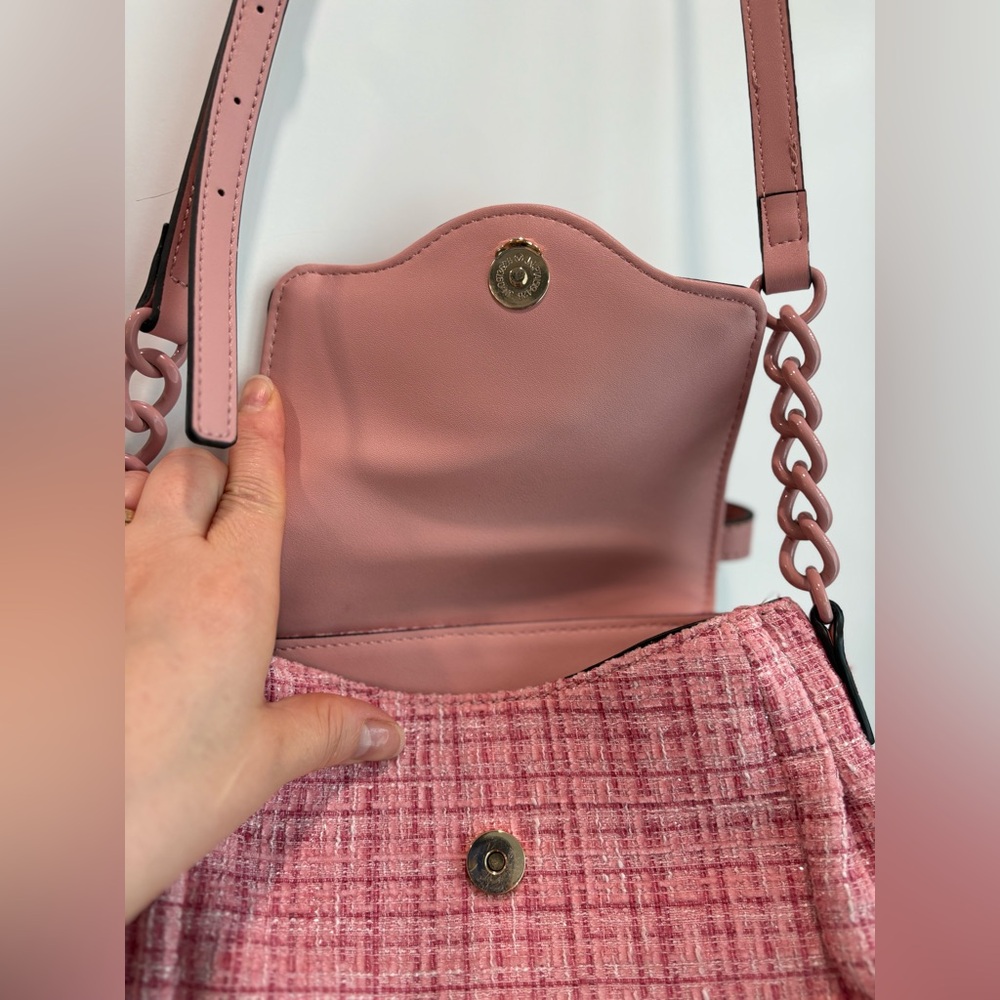 GUESS | Pink Gingham Tweed Crossbody Bag with Leather Trim - Picture 5 of 17